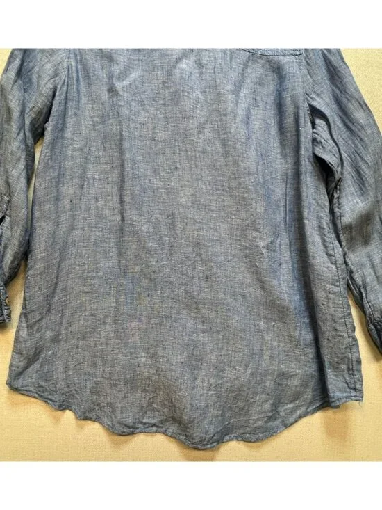 Christian Siriano Womens Button-Up Linen Shirt Medium Blue Chambray Casual Top - Picture 9 of 10